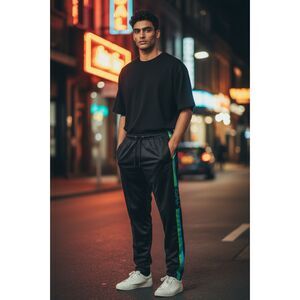 LEAF Men’s Black Track Pants Side Stripe Athletic Joggers Size L